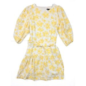 Ann Taylor White & Yellow Ornate Lemon Ruffled Sleeve Waist Dress Women's Size 8